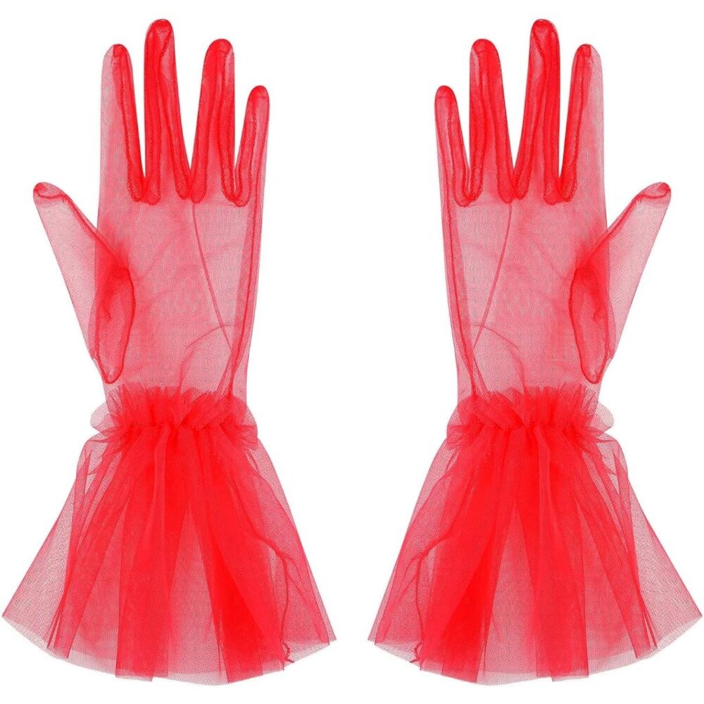 Women's Short Red Tulle Mesh Puffy Ruffle Gloves Wedding Party Prom Costume